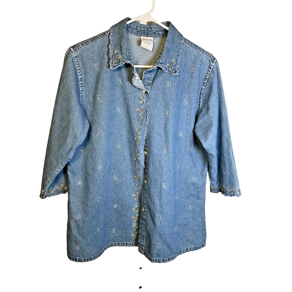 VTG Cascade‎ Blues Embroidered Shirt Medium Denim Button up Cottagecore Floral